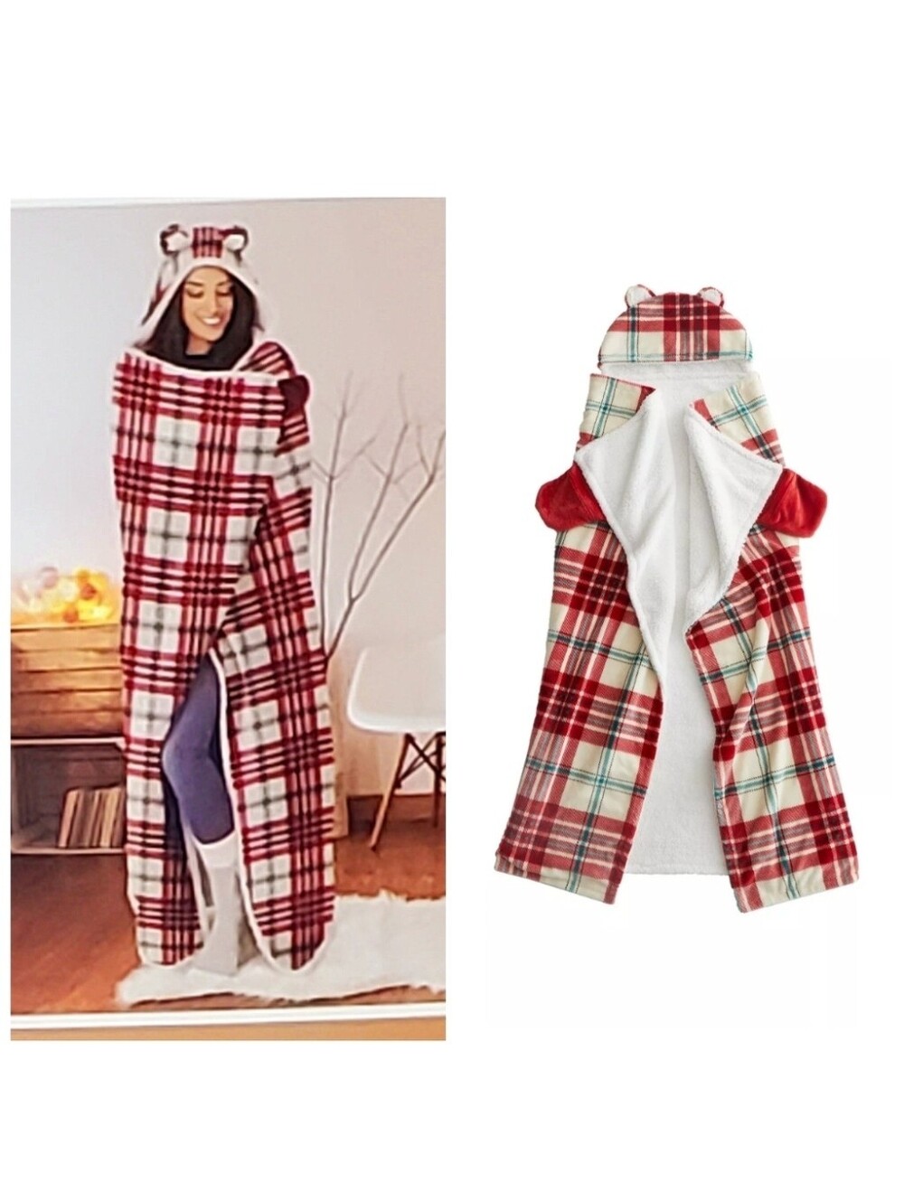 Homespun Preppy Red Plaid Cozy Faux Sherpa Fleece Wearable Hooded Throw Blanket